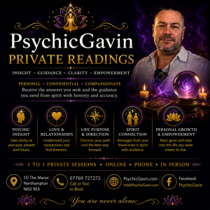 Enjoy a private Psychic Mediumship VideoCall reading with PsychicGavin. Receive personal spiritual insight, guidance and messages from the comfort of your own home.