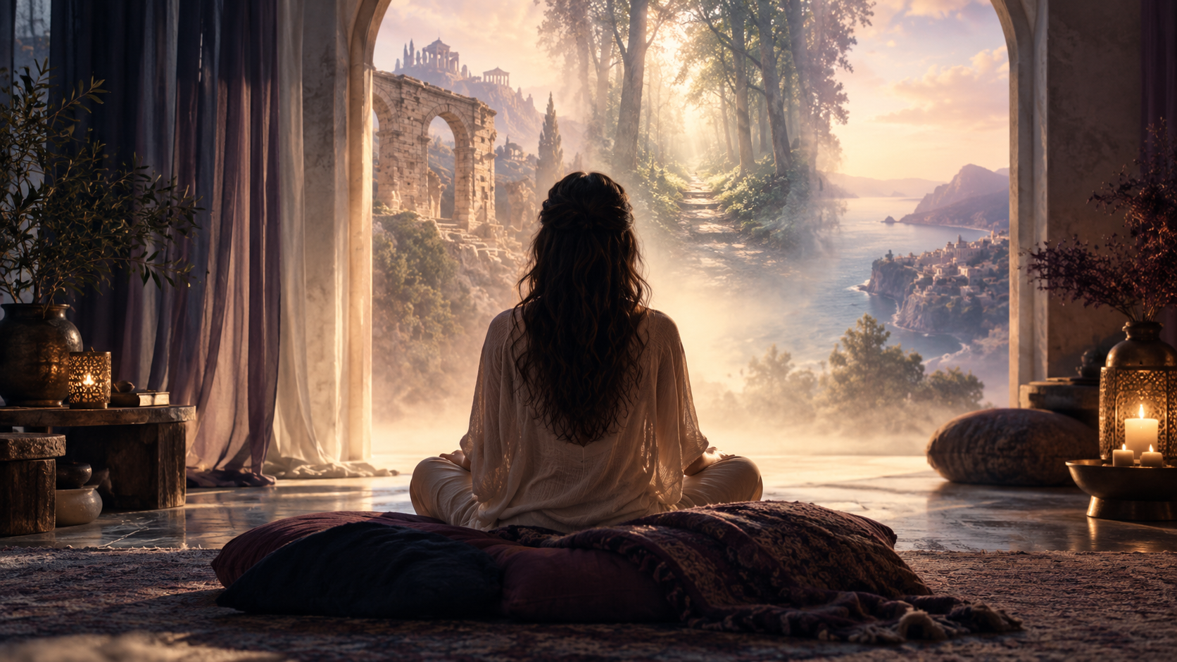 A peaceful, reflective scene introducing past-life regression