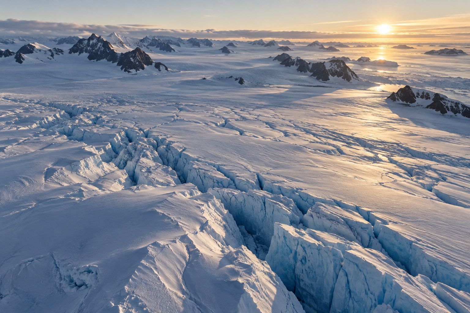 The visible frozen landscape of Antarctica at sunrise