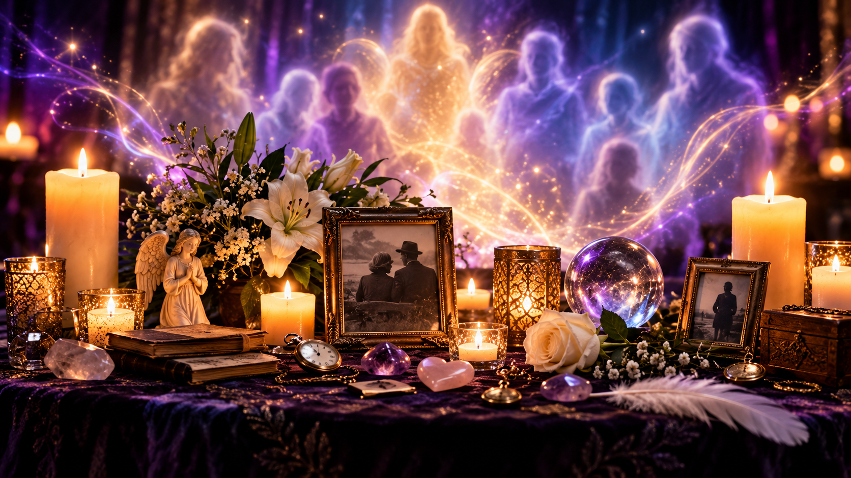 Memory Table with photographs, candles and personal keepsakes for psychometry